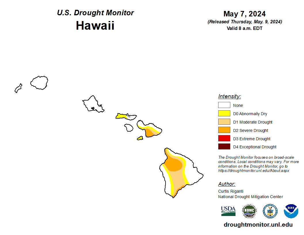 ☔ Wet weather on the windward sides of HI continued this week, while leeward sides remained drier. Due to recent rainfall, parts of west Maui saw reductions in coverage of moderate drought and abnormal dryness. bit.ly/USDM05072024 #DroughtMonitor