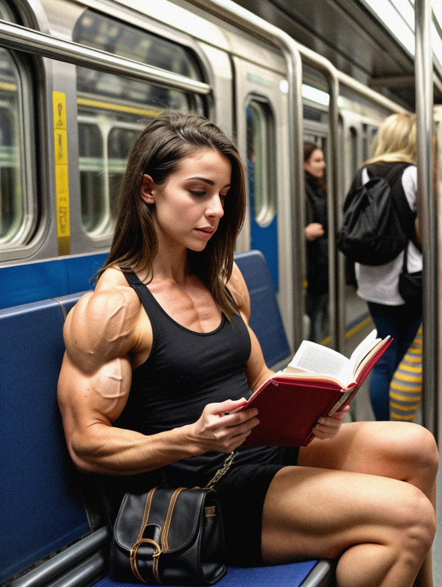 Daily commuting. 
Much more here: deviantart.com/musclegirltv 

#strngwoman #femalebodybuilder #fitnessmodel #womensphysique #femalebodybuilding #bodybuilder #femalemuscle #fitchicks #musclewomen #AIArtwork #stableDifusion #midjourney #girlswithabs #femaleabs #strongwomen #sexyabs…