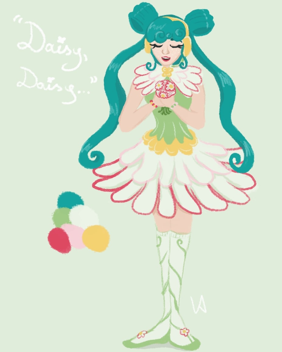It inspired me to draw a Daisy themed Miku 😭 honestly when people use imb 7094 singing for 'creepy' stuff it's so stupid. It's a computer singing for the first time! It's beautiful!!
