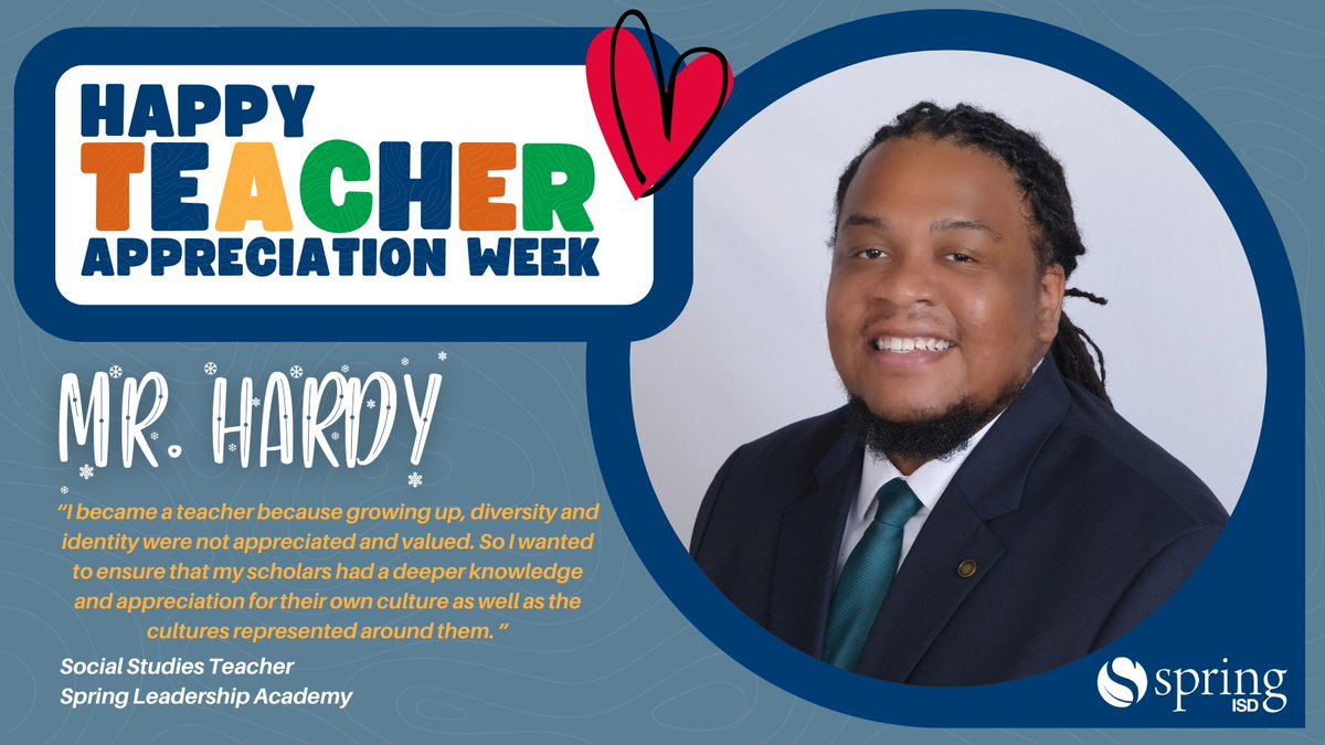 Spring ISD (@springisd) on Twitter photo βI became a teacher because growing up, diversity and identity were not appreciated and valued. So I wanted to ensure that my scholars had a deeper knowledge & appreciation for their own culture as well as the cultures represented around them.β -Mr. Hardy, <a href="/SpringLeadAcad/">Spring Leadership Academy</a> Teacher βI became a teacher because growing up, diversity and identity were not appreciated and valued. So I wanted to ensure that my scholars had a deeper knowledge & appreciation for their own culture as well as the cultures represented around them.β -Mr. Hardy, <a href="/SpringLeadAcad/">Spring Leadership Academy</a> Teacher