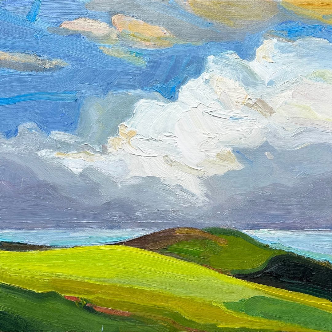 🏔️While we’ve been away in the mountains, the coast has sprung to life with all the recent rain! A passing patch of sunlight, rippling hills, open skies and ocean clouds remind me that the south coast is my other home…🌊 #southcoast #greenhills #coastalpainting #bigclouds