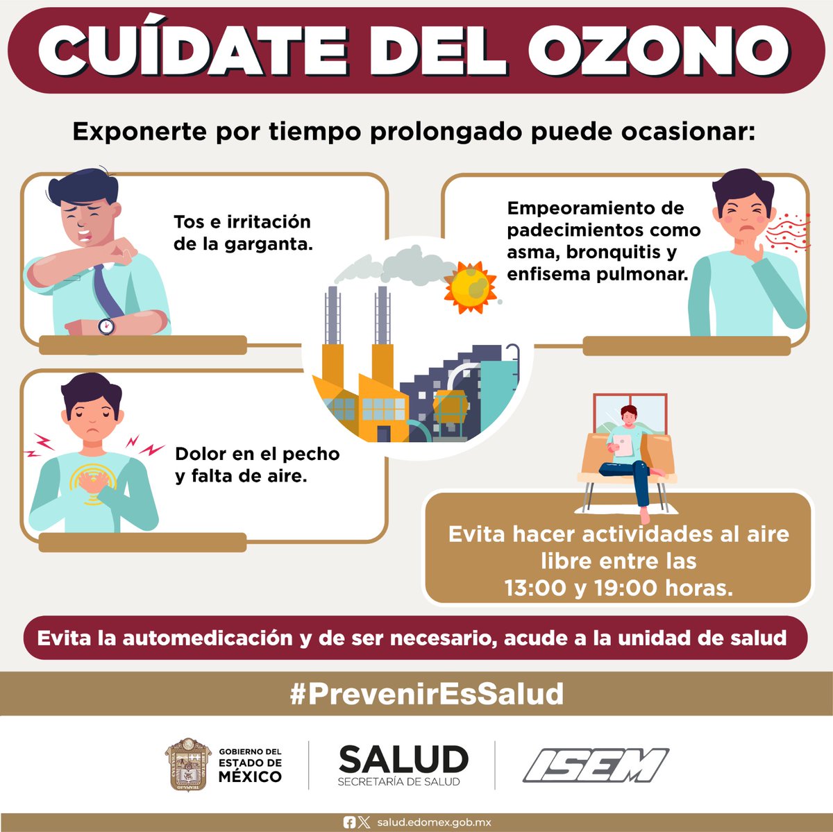 Recuerda que debido a la activación de contingencia ambiental atmosférica por #Ozono, evita realizar actividades al aire libre entre las 13:00 y las 19:00 horas.
¡Cuídate del ozono!
#PrevenirEsSalud