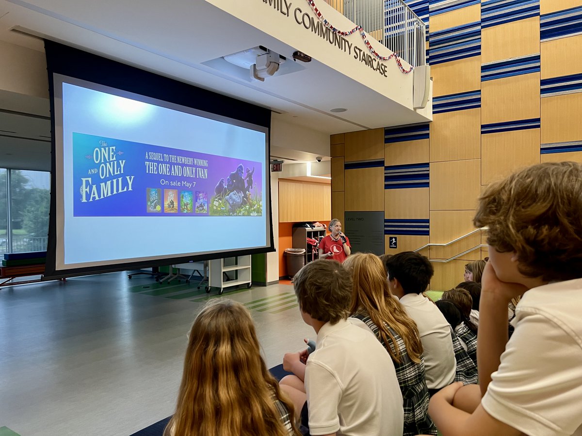 I had a wonderful school visit today at the @episcopaldallas Lower School, sponsored by my friends at @interabangbooks. Can’t go wrong with avid readers and great pizza! 🦍🍕 #TheOneAndOnlyFamily @HarperChildrens