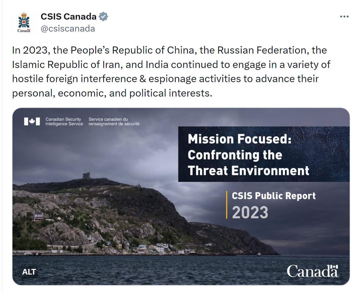 BREAKING | In an official tweet today, @csiscanada specifically listed India, alongside China, Russia and Iran, for engaging in 'hostile foreign interference and espionage activities' in Canada. CSIS also shared a 2023 Public Report which provided the following on India: 'In…