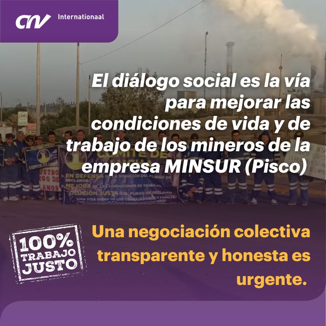 #MineríaPerú

El #DiálogoSocial es necesario para asegurar condiciones laborales justas para los trabajadores.

¡Extendemos nuestra solidaridad con los compañeros sindicalizados de la empresa Minsur S.A (Planta Pisco), en Perú, en su camino hacia una negociación colectiva!