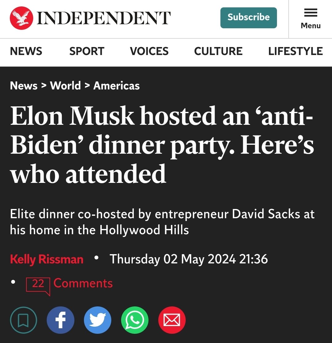 Russian propaganda orchestrators Elon Musk and David Sacks hosted an anti-Biden dinner party. Among the guests were Peter Thiel, who admires William Rees-Mogg's book 'The Sovereign Individual', which forecasts a takeover of power by a super-rich cognitive elite, and Rupert…
