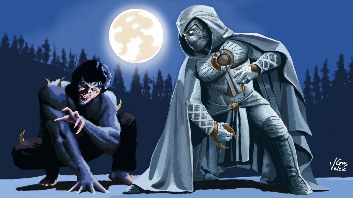 Digital painting of mine from last Halloween. I love #MoonKnight and #WerewolfByNight and wanted to do my own spin on the classic cover with his 1st appearance. #fanart #MCU