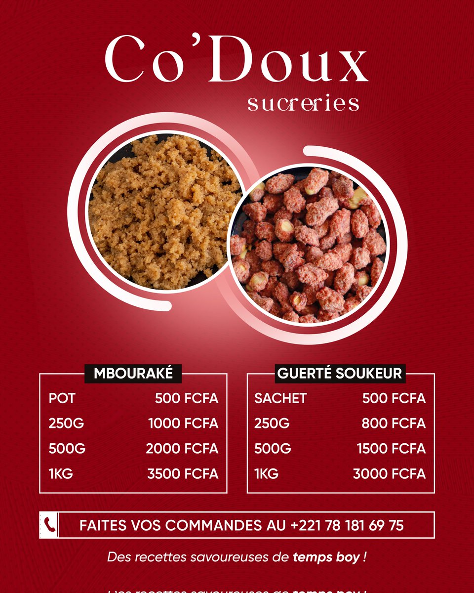 Co_DouxS's tweet image. Hello je voulais vous annoncer mon nouveau business qui est la vente de mburaké et guerté suukeur.

J'ai pensé à mon prénom CODOU,
C'est composé de CODE ET DOUX

2 sens quoi:
L'un Mon nom + douceur des produits que je propose

L'autre : Les Codes des douces produits à grignoter