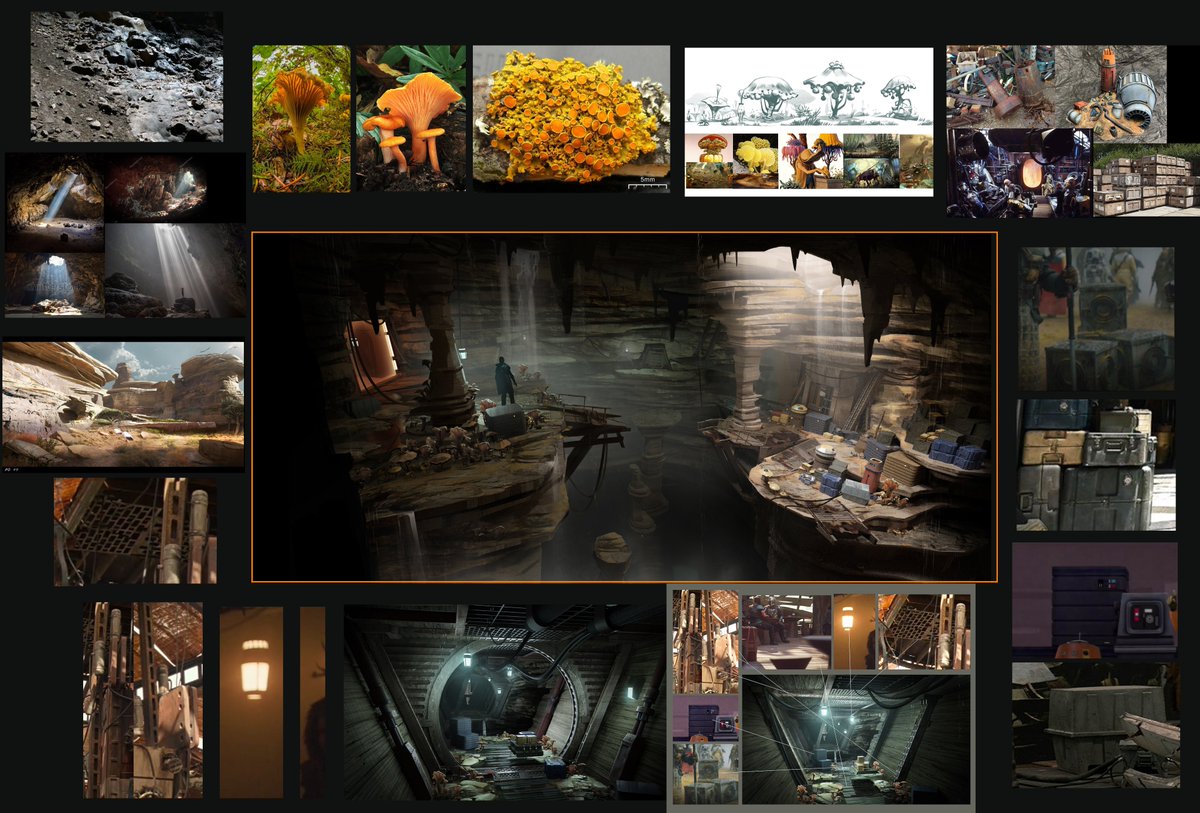 Kobah caves concepts. I have a lot of cave paintings for Jedi Survivor. Some missions were to explore the nests or search for the treasure stash. We would pull reference from the movies and shows and even got to see Star Wars Land before it was opened to get ref. Fun Times!