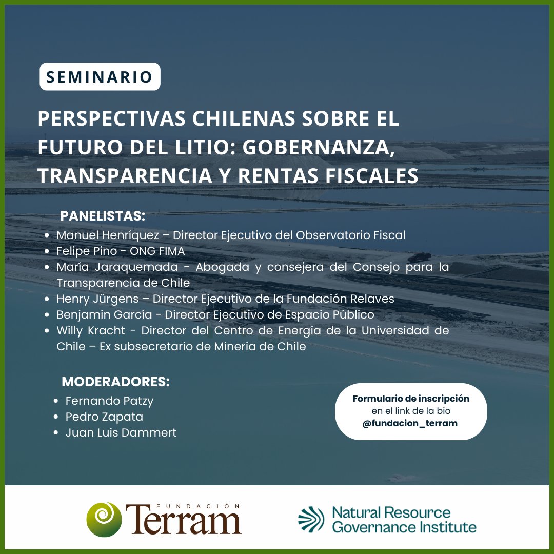 Fundación Terram (@terramchile) on Twitter photo 📢Junto a <a href="/NRGIesp/">NRGI en Español</a> te invitamos a participar el próximo 14 de mayo en el Seminario: “Perspectivas chilenas sobre el futuro del litio: gobernanza, transparencia y rentas fiscales”.
✍️Regístrate aquí: shorturl.at/EFRV3 📢Junto a <a href="/NRGIesp/">NRGI en Español</a> te invitamos a participar el próximo 14 de mayo en el Seminario: “Perspectivas chilenas sobre el futuro del litio: gobernanza, transparencia y rentas fiscales”.
✍️Regístrate aquí: shorturl.at/EFRV3