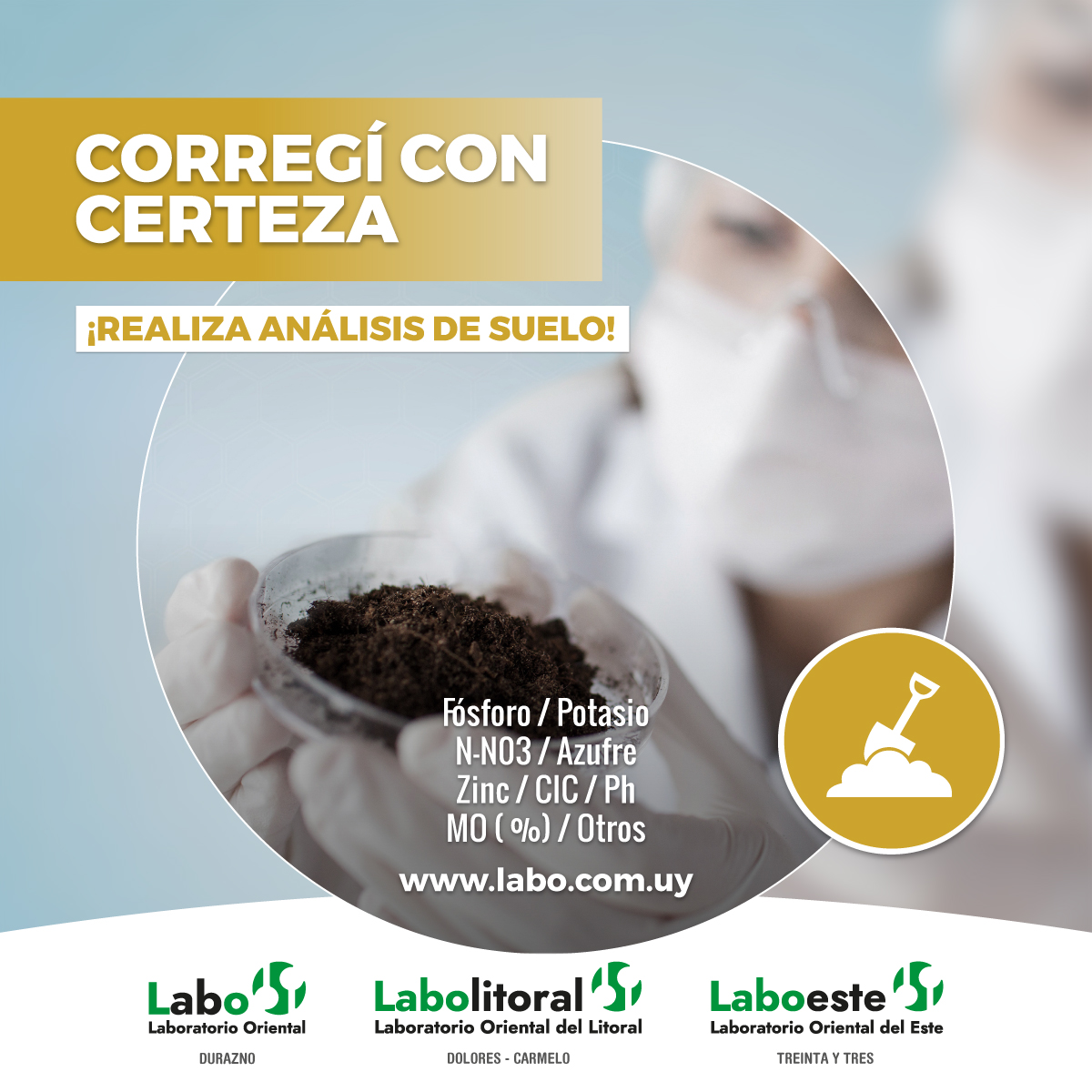¡Corregí con certeza!  Análisis de suelo  Consultá por nuestro servicio de muestreo de suelo con calador hidráulico para asegurar un óptimo resultado.  

CONSULTAS GENERALES +598 97 730 755 (llamada o whatsapp)