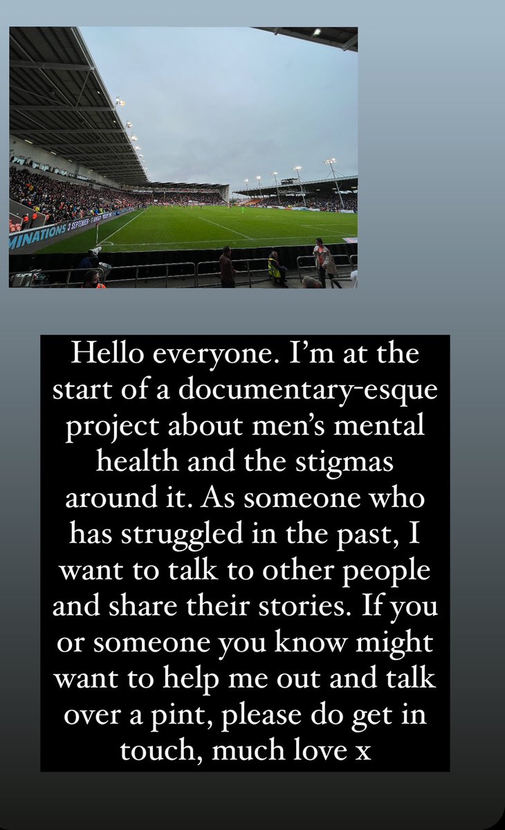 Evening! 

I’m a northern based lad who wants to tell some stories.

I want to make a documentary style film about men’s mental health, learning about coping mechanisms and what we can do for each other.

I’d love to hear from you if you want to get involved or chat x 

Please RT