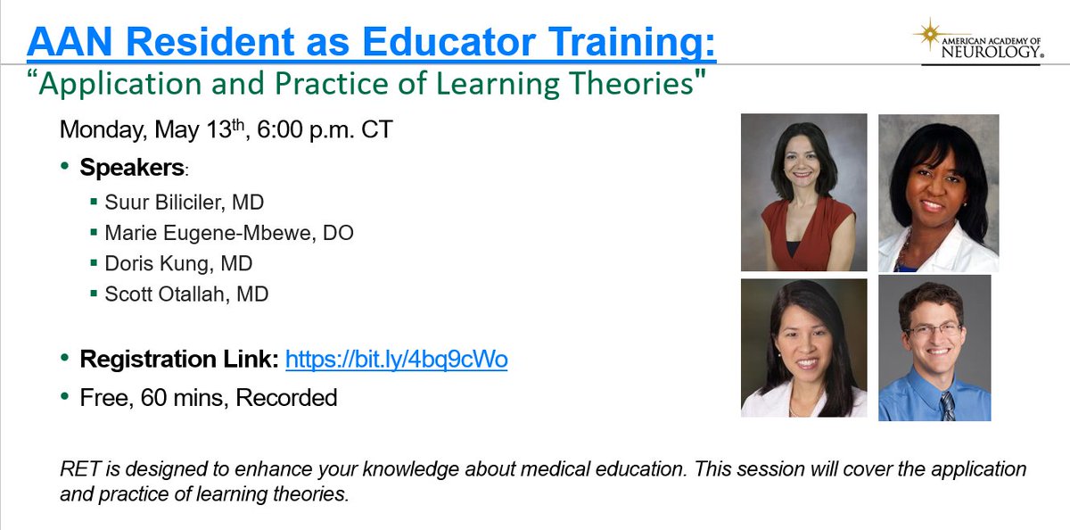 @AANMember Resident as Educator Training Webinar Series: Application and Practice of Learning Theories
Monday, May 13, 2024 at 6:00 p.m. CT
Speakers: Suur Biliciler, MD; Marie Eugene-Mbewe, DO; Doris Kung, MD; Scott Otallah, MD

Registration Link: bit.ly/4bq9cWo