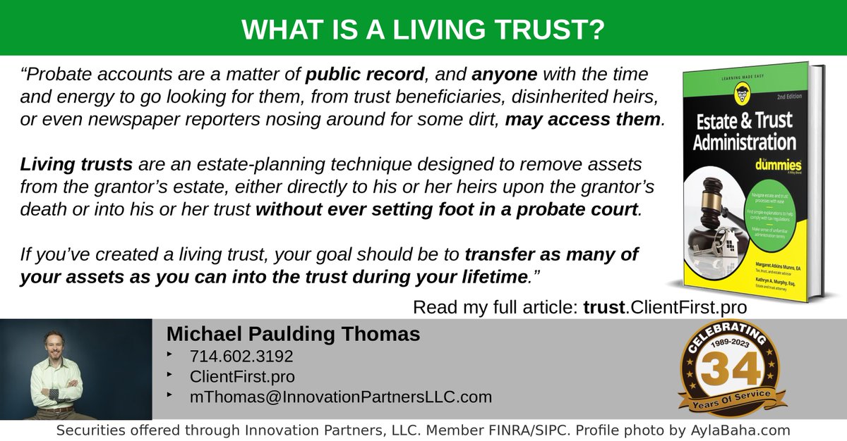 Read my article on living trusts: trust.clientfirst.pro

Contact me for questions or if you're ready to create a living trust.

#livingtrust #will #llc #landtrust #probate #livingwill #powerofattorney #specialneedstrust