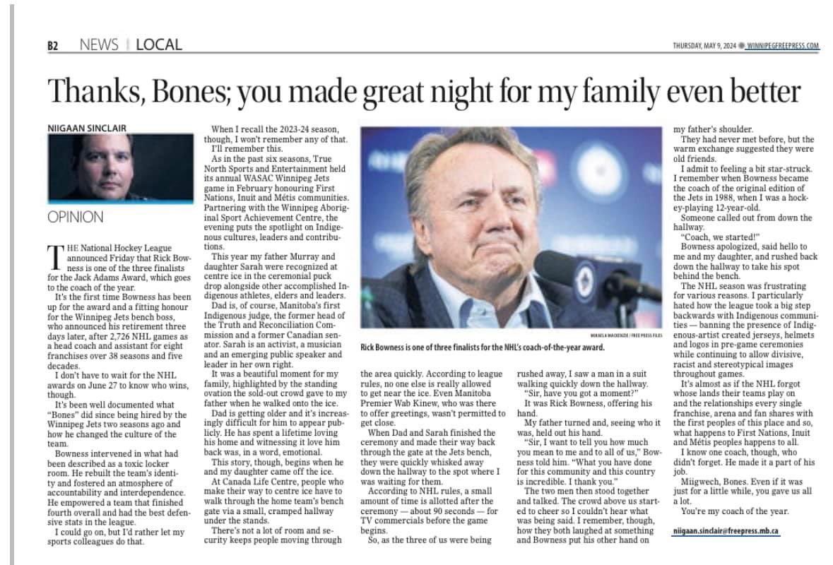 There have been many lovely tributes to Rick Bowness this week, but I think this one by @Niigaanwewidam is my favourite. Beautiful. #NHLJets #MurraySinclair
