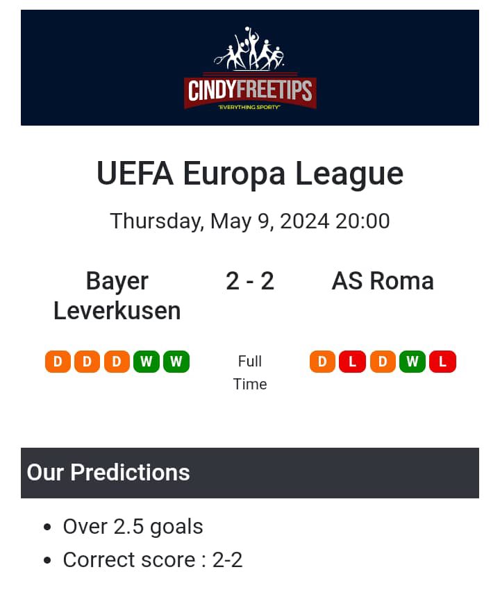 Correct Score won ✅✅✅ FT : Bayer Leverkusen 2-2 Roma