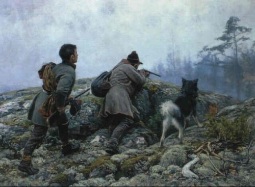 Two different paintings depicting hunting in Jämtland, Sweden by Johan Tiren.
