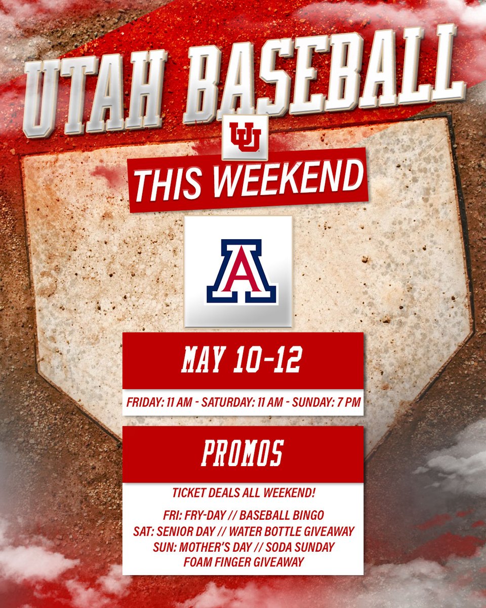 Bring your family, bring your friends‼️ ⚾ vs. No. 17 Arizona 📅 May 10-12 🏟️ Smith's Ballpark 🎟️ fevo-enterprise.com/group/Utahbase… 📰 utahutes.com/news/2024/5/9/…