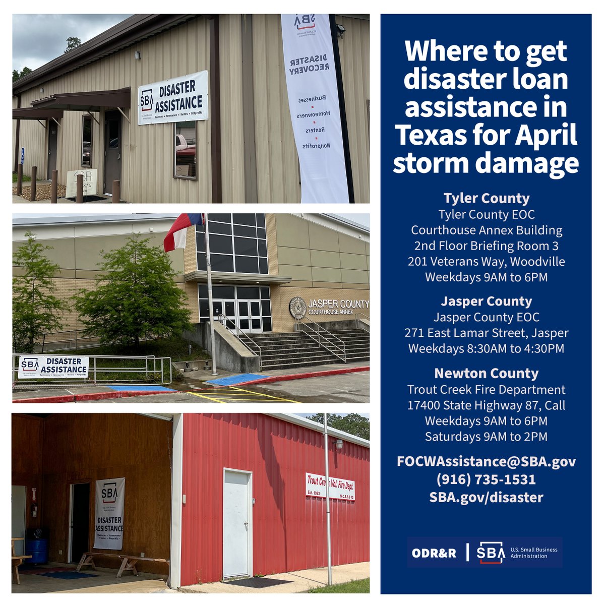 Are you a Texas resident or business in Jasper, Tyler, or Newton County with April storm damage? We’re here to help. @SBAgov opened disaster loan outreach centers in your area to assist with applications. For more information or to apply online, visit sba.gov/disaster.