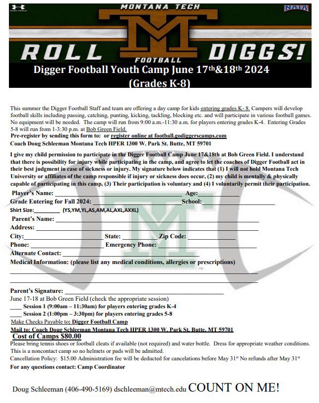 ⚒DIGGER YOUTH CAMP!⚒ Monday June 17th - Tuesday June 18th Boys and Girls entering grades K-8 Come out and have a ton of fun!! Click on the link below to register! football.godiggerscamps.com/content/camps/…