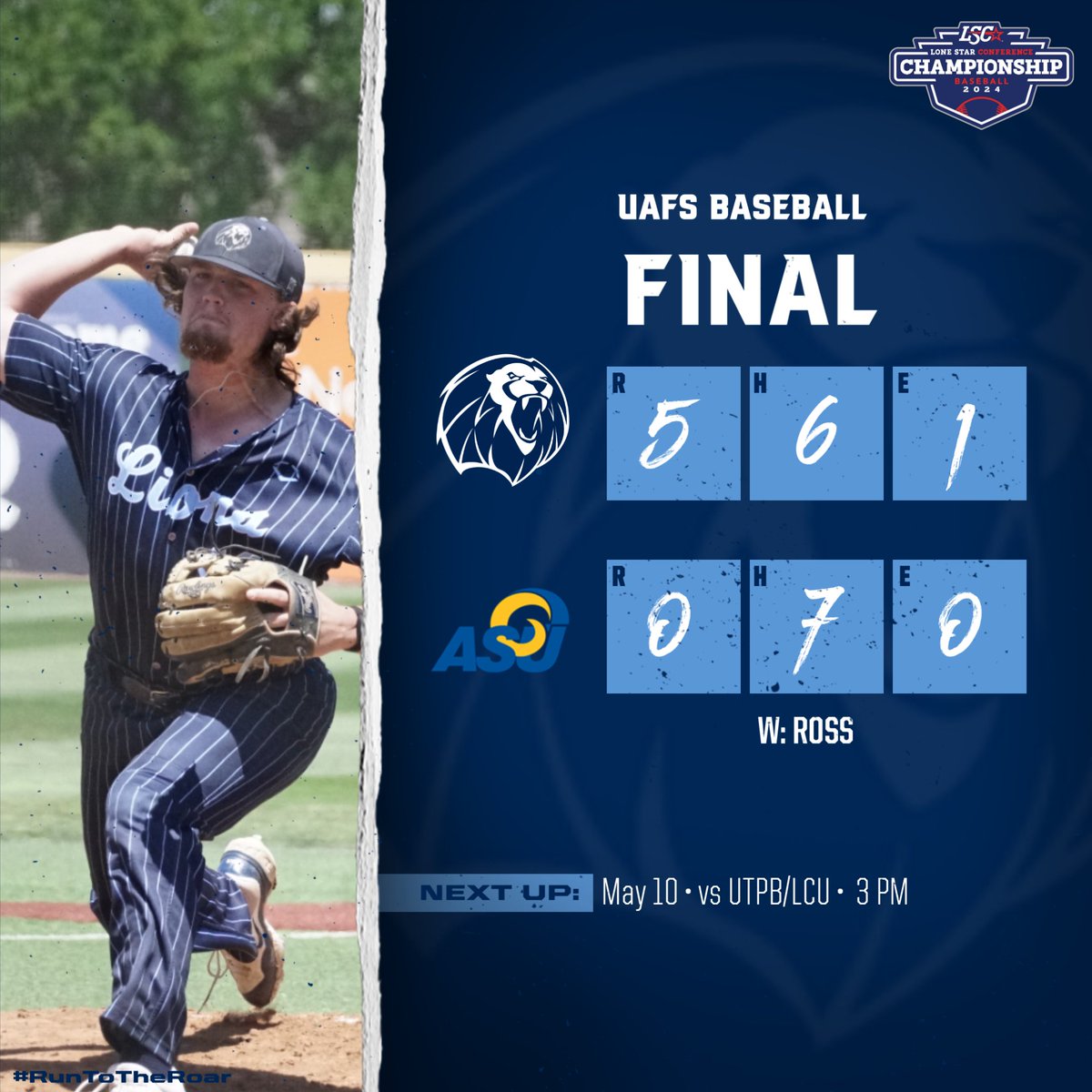 Brayden Ross tosses the complete game shutout to put the Lions in the winner's bracket! Schilling - 3-for-4, 2 R, 2B Quarnstrom - 2-for-4, HR, 4 RBI, 2 R #RunToTheRoar