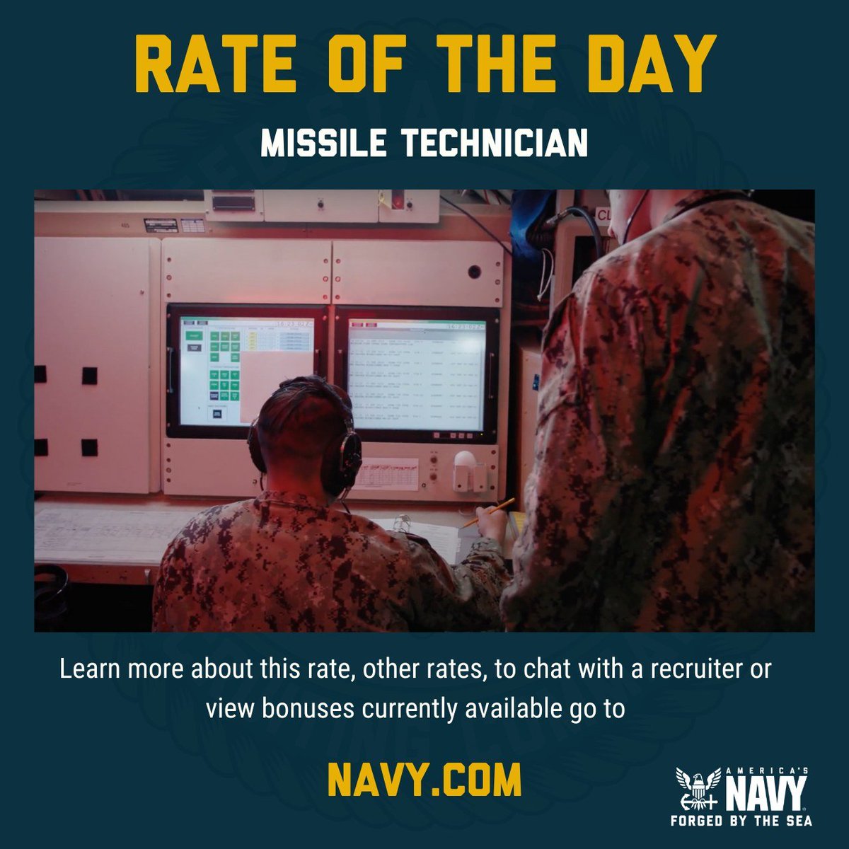 Rate of the Day: Missile Technician
You’ll assemble, maintain and repair nuclear-capable ballistic missiles on submarines around the world.

Video: youtu.be/NzXnGSWl3CM

Learn: navy.com/careers/missil…

#USNavy #Recruiting #Forgedbythesea