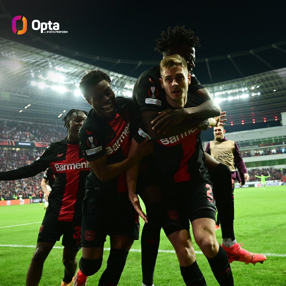 OptaJoe's tweet image. 98 - Bayer Leverkusen have had 98 shots across their last three home games in the UEFA Europa League, which are the only three instances of a team having 30+ shots in a game in the competition this season.

33 v Qarabag
33 v West Ham
32 v Roma

Relentless.
