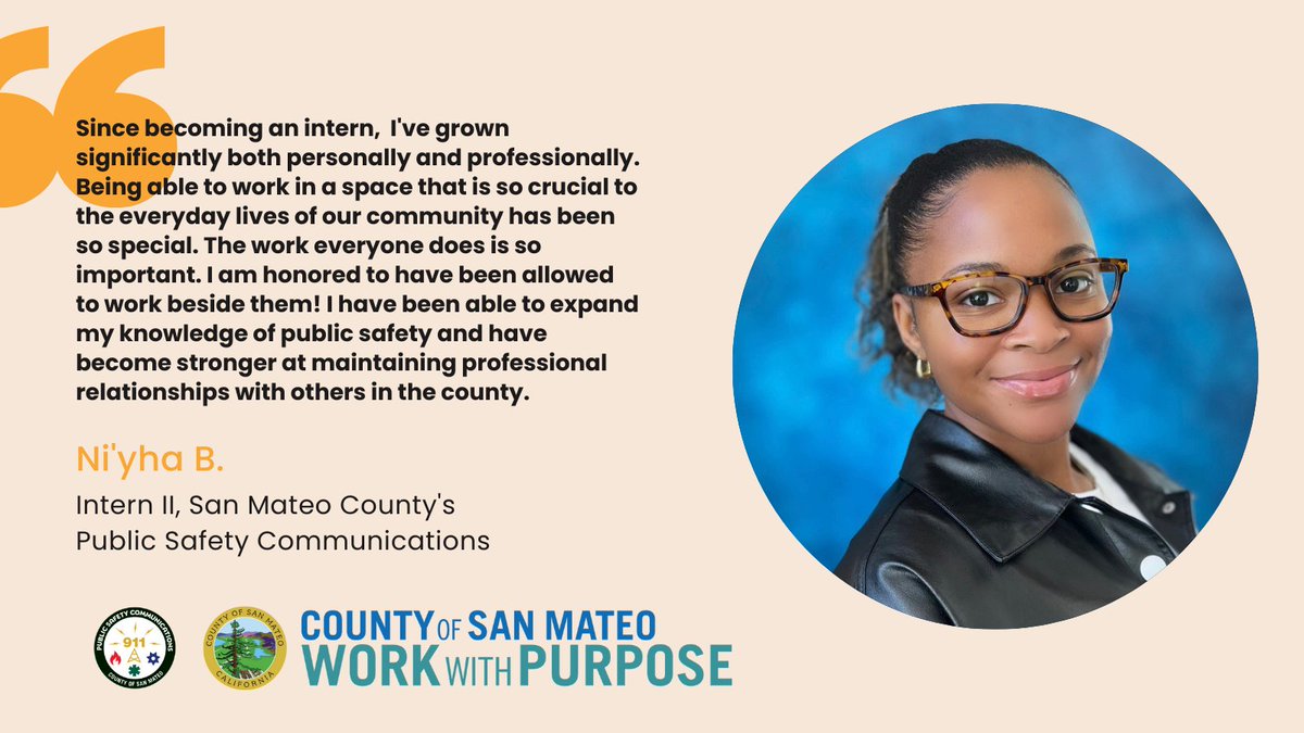From Live In Peace Hoover Fellow to Intern II with <a href="/SMCDispatch/">SMC Dispatch</a>, Ni'yha embodies growth and dedication. Her journey embodies growth, contributing to our community's safety and well-being. Thank you Ni'yha!

smcgov.org/hr/internships

#WorkWithPurpose