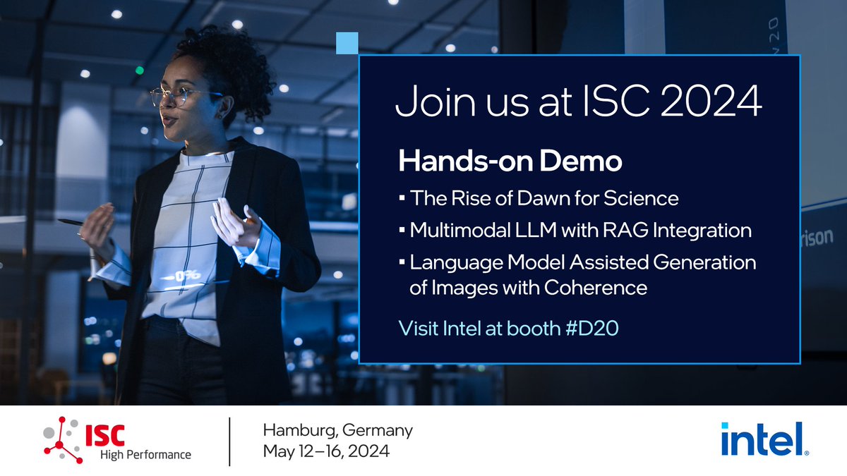 Don't miss exclusive demos detailing scientific use cases on the UK #AI supercomputer, Dawn, a multimodal LLM and transformer models trained on Intel® Gaudi® 2 Accelerators, and a new AI method to create different video outputs. Visit booth D20 at #ISC24. intel.ly/4bsWTZz
