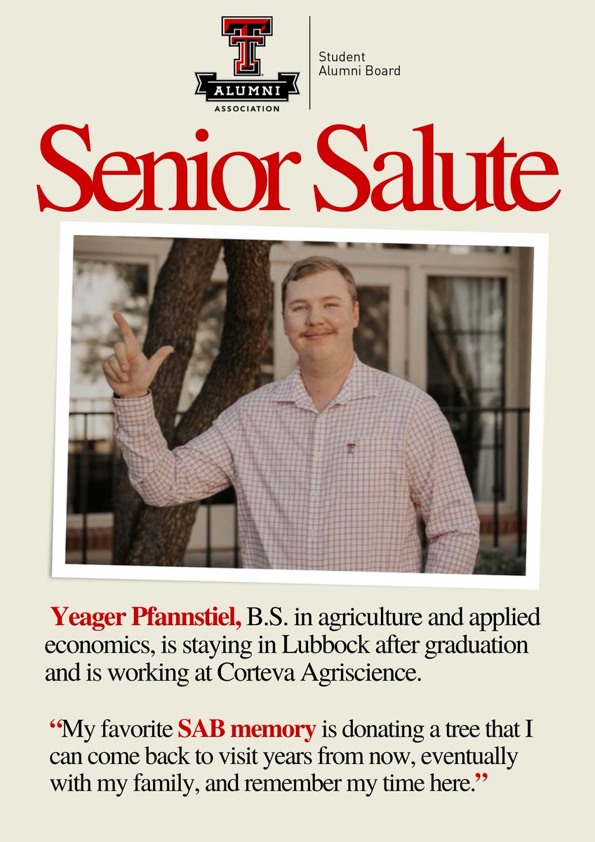 The graduation festivities start tomorrow, and we're counting down by honoring the graduating members of the Student Alumni Board. Today's Senior Salute is Yeager Pfannstiel from Dalhart. Congratulations! We're so glad we'll still get to see you around! You'll always be #OneOfUs.