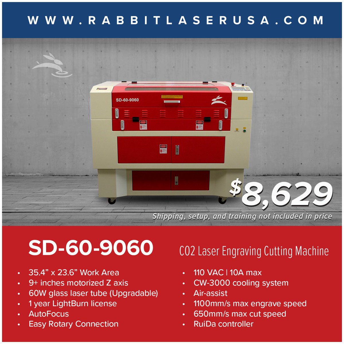 Elevate your craft with the Rabbit Laser SD-60-9060! Ample workspace, pass-through doors, easy maneuverability, precision control, AutoFocus, 60W power, all for just $8629. Unleash your creativity today!