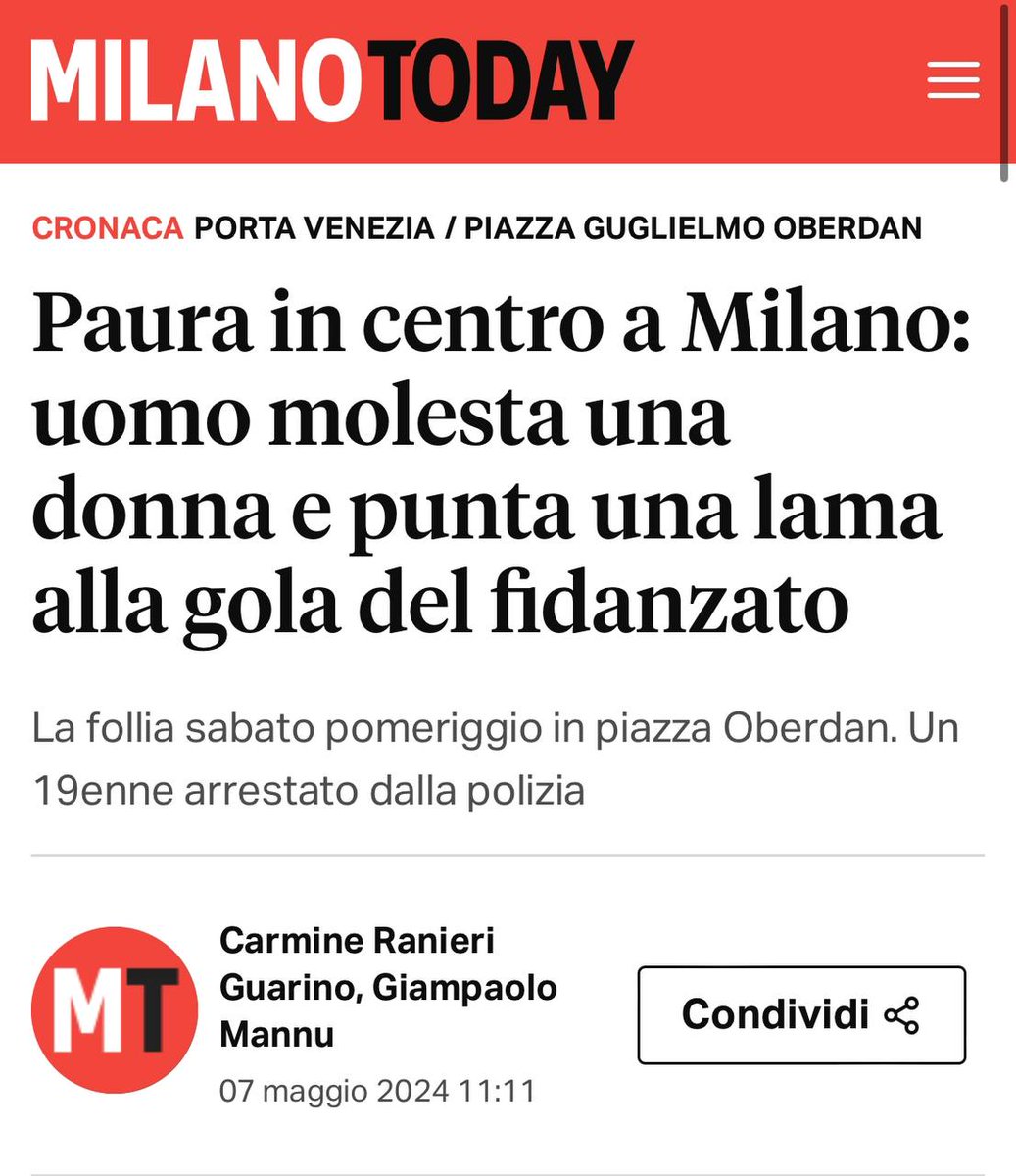 #Milano centro, piazza Oberdan

“Dovete pagare tutti italiani di merda” e poi molesta sessualmente una donna, puntando una lama alla gola del fidanzato: arrestato 19enne somalo.