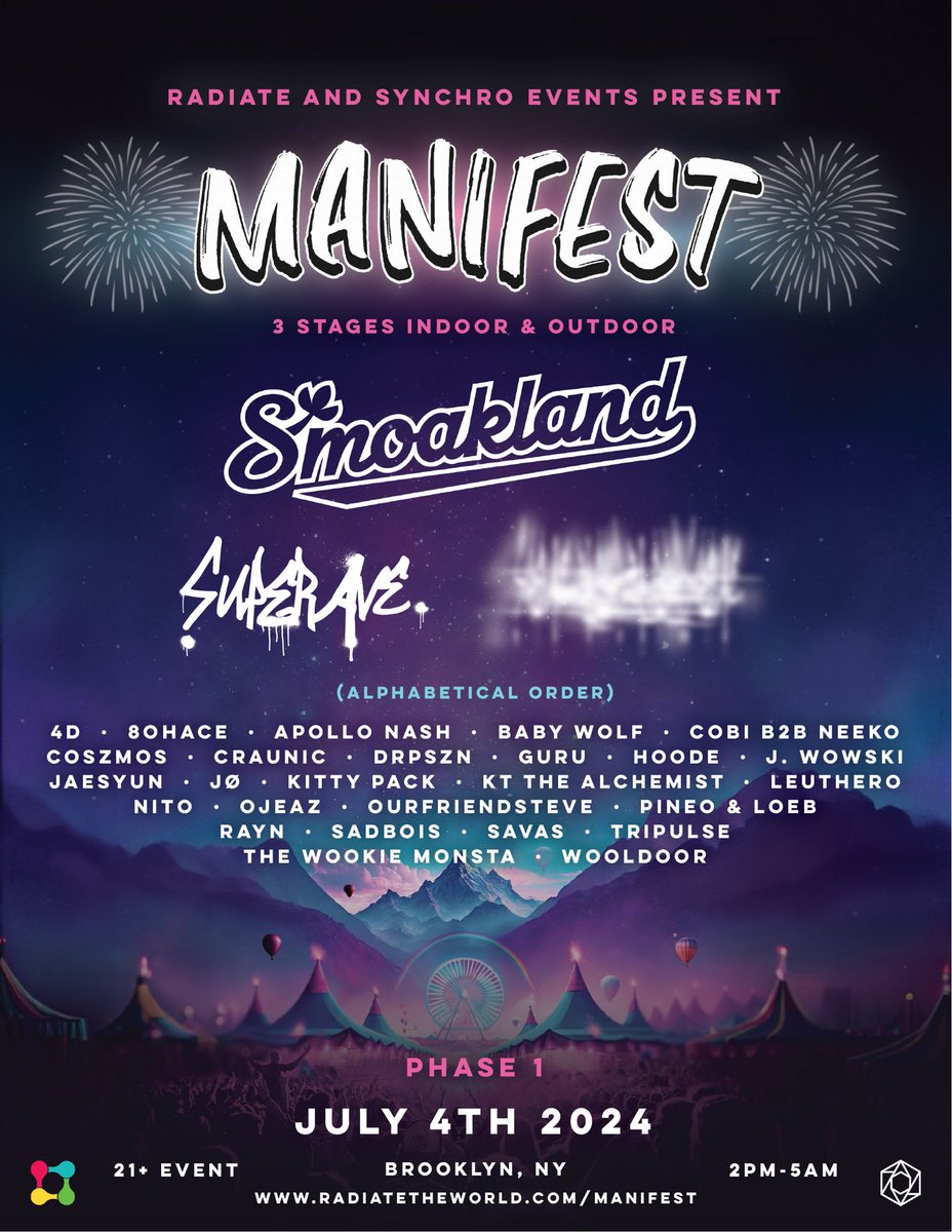 Phase One of the lineup for our favorite event of the year is out!

Manifest is back with three stages (indoors + outdoors), affordable tickets, craft vendors, incredible music, and wonderful people! 

Join us on July 4th at a secret Brooklyn location for an epic night of