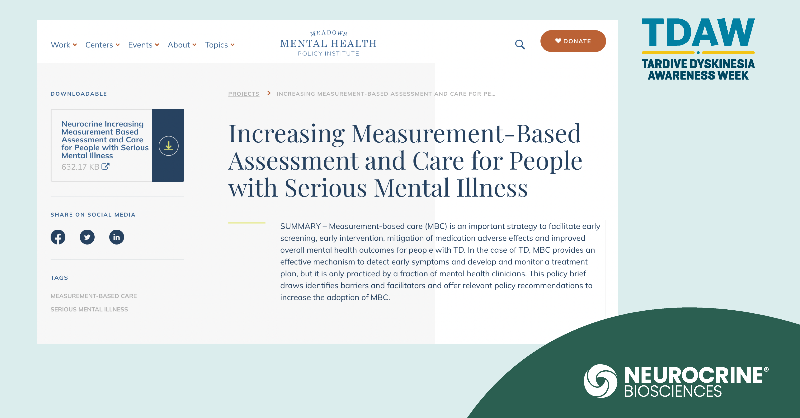 neurocrine's tweet photo. We are committed to working with all segments of the healthcare system to advocate for routine screenings for tardive dyskinesia (TD) as the standard of care for at-risk patients. Read more in the report, sponsored by Neurocrine, from @MeadowsInst. #Screen4TD   #TDAwarenessWeek