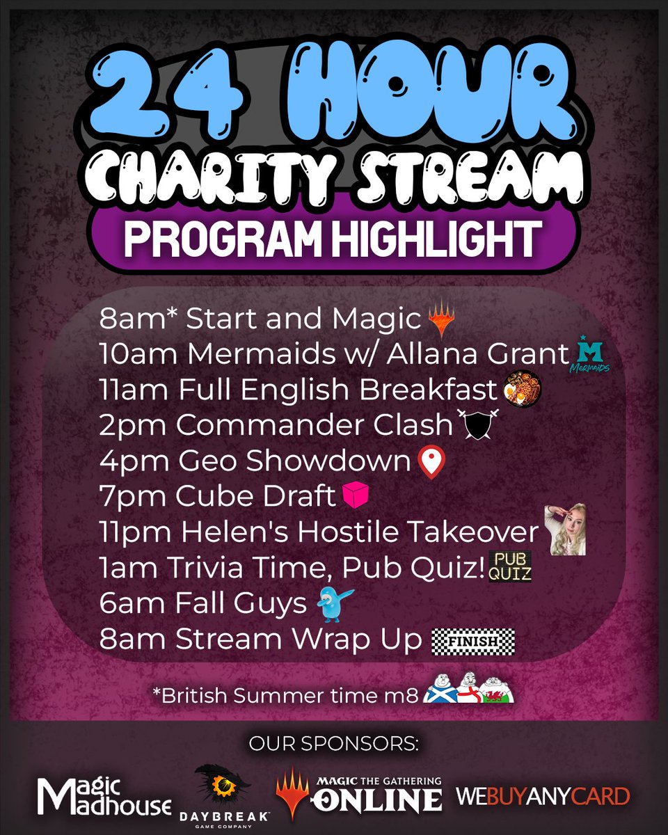 ALRIGHT OH MY GOD IT'S HAPPENING TOMORROW. My charity stream kicks off tomorrow at 8am BST and will go for 24 hours! Here's all the things that you can tune in to see and times. Looking forward to seeing you all there!