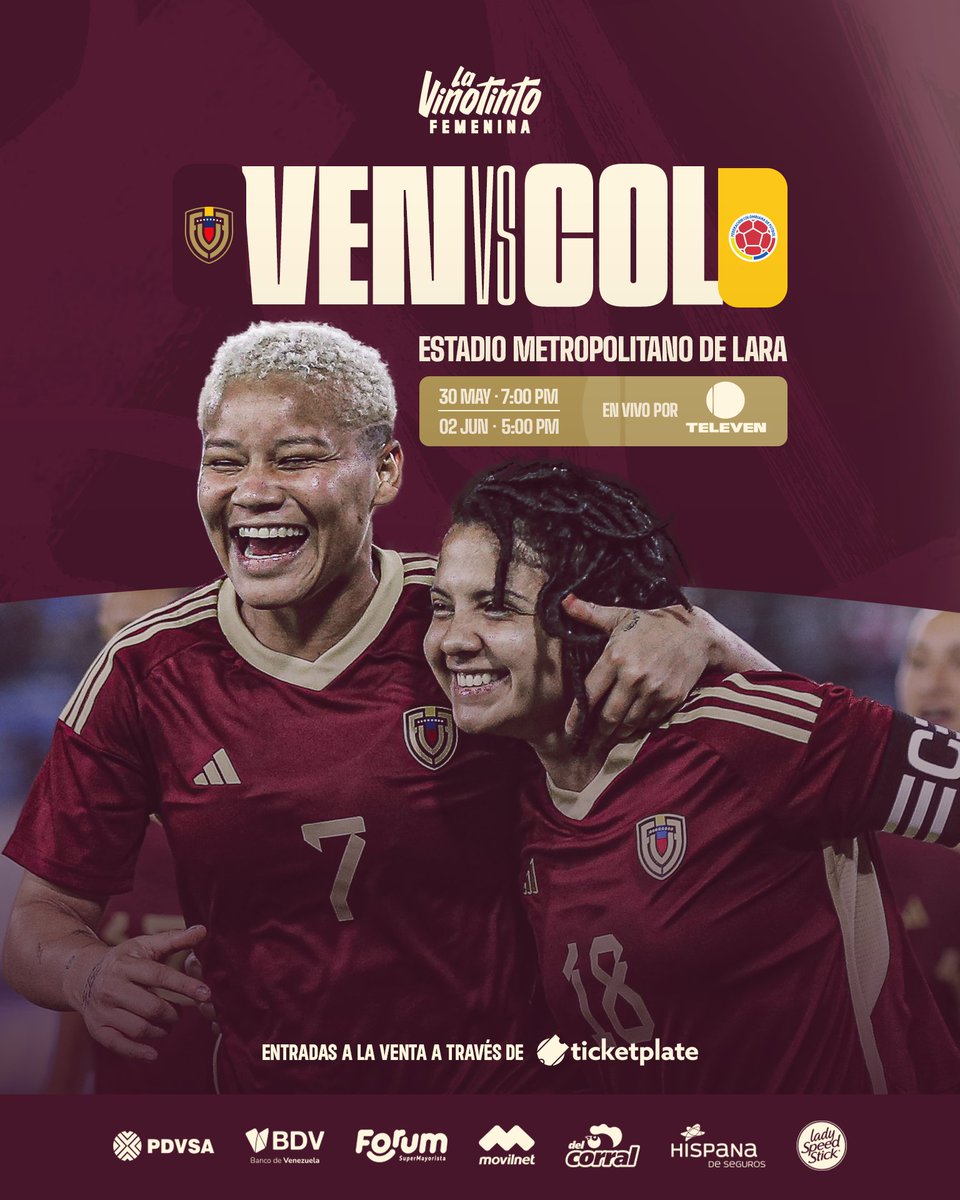 ¡𝙃𝙤𝙧𝙖𝙧𝙞𝙤𝙨 𝙮 𝙩𝙧𝙖𝙣𝙨𝙢𝙞𝙨𝙞𝙤́𝙣 𝙘𝙤𝙣𝙛𝙞𝙧𝙢𝙖𝙙𝙤𝙨! 👀🇻🇪 La #VinotintoFemenina y Colombia jugarán el jueves 30 de mayo a las 7:00 de la noche y el domingo 2 de junio a las 5:00 de la tarde, con transmisión a través de @Canal_Televen📺🙌 Adquiere tus entradas…