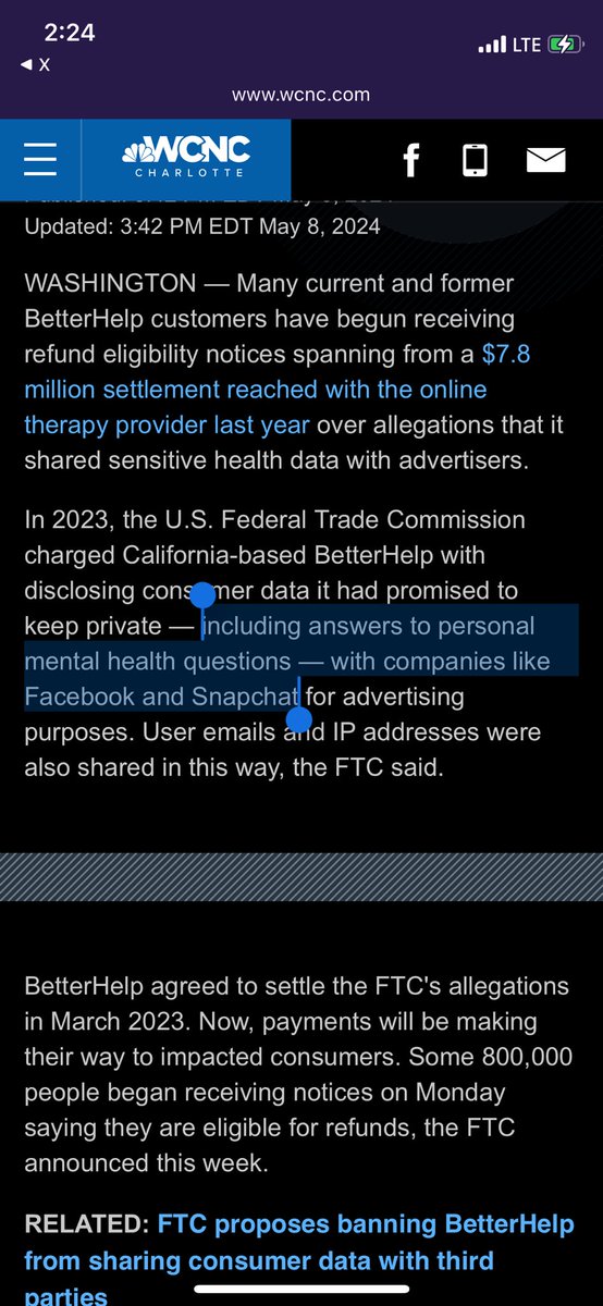 Betterhelp gave personal mental health info over to Meta and Snapchat for advertising purposes. $7.8 million fine is a blip for them and won’t buy a coffee for each victim.