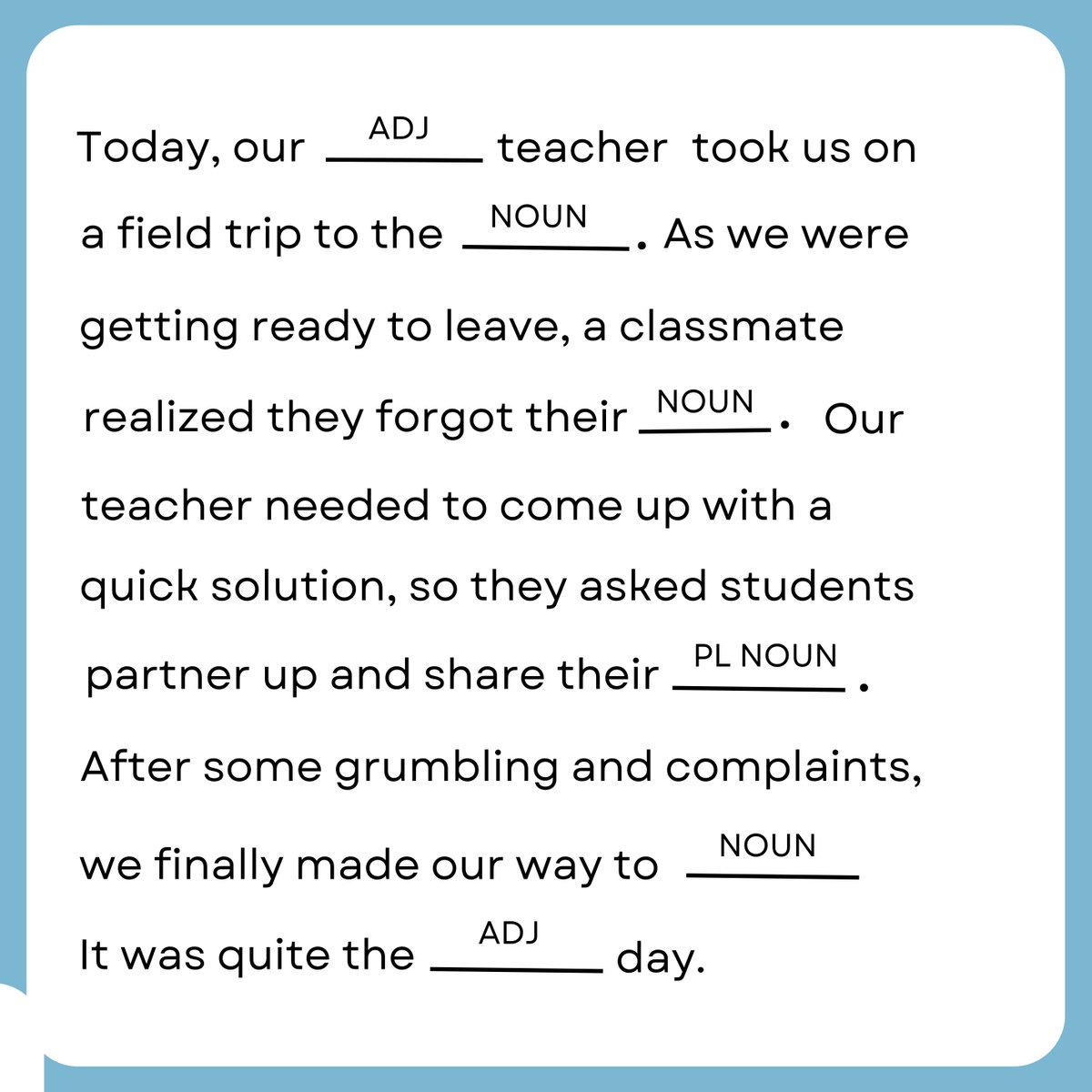 PerfectionLearn's tweet photo. Create your own Mad Lib using an AI generator or writing your own story! These silly stories work as a great gift for educators during #TeacherApprectiationWeek! Plus, it's a great way for students to refresh #ELA students on the parts of speech. 📝💭 https://t.co/eCYiL6puNG