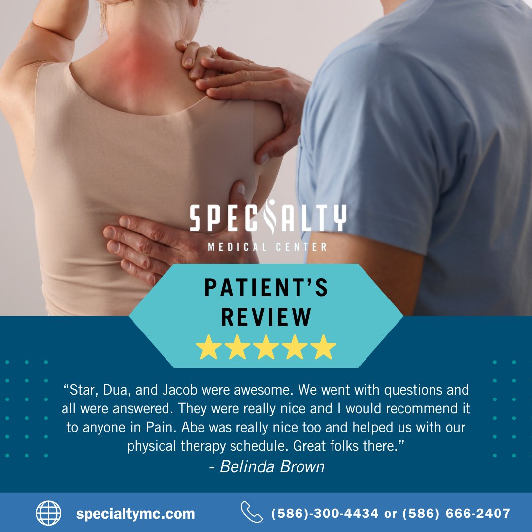 Belinda Brown's words warm our hearts!

Thank you, Belinda, for your trust and kind recommendation. Your appreciation fuels our commitment to providing compassionate care to everyone we serve!

#SpecialtyMedicalCenter #PainManagement #Pain #ChronicPain #Dearborn #SterlingHeights