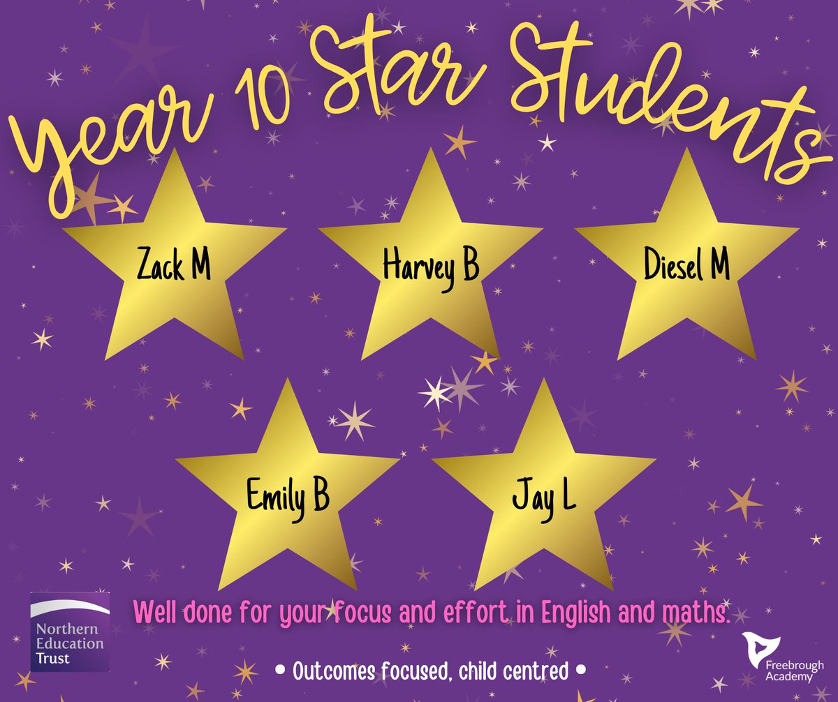 ⭐ Congratulations to our year 10 star students this week, who have been recognised for their amazing work and effort in English and maths over the past two weeks. We are so #PROUD of you all, you are phenomenal!⭐

#wearefreebrough #praiseculture #year10
