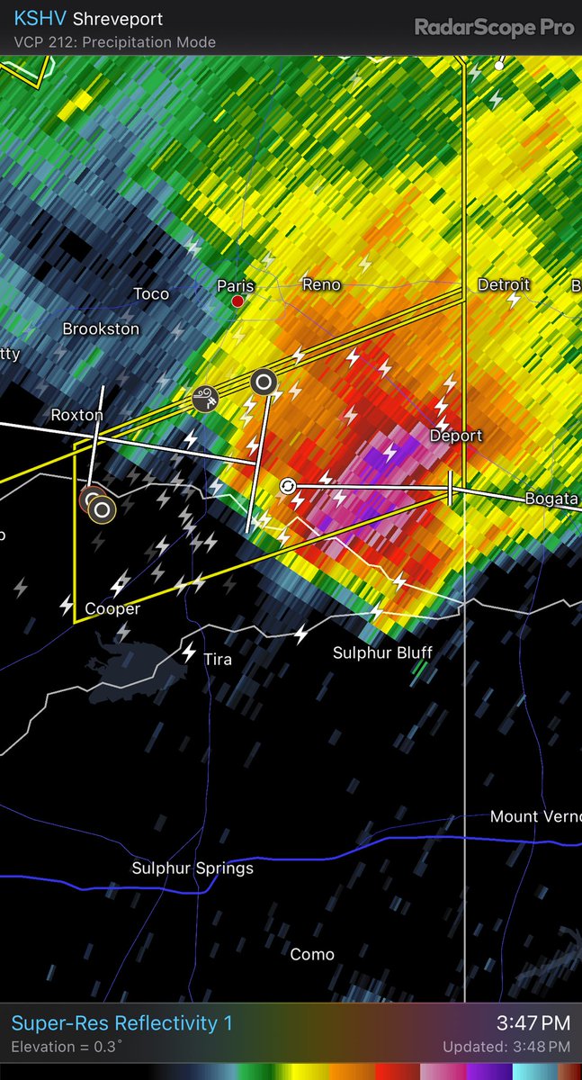 Severe Thunderstorm Warning for Deport Texas tennis ball sized hail with this storm KSHV - Super-Res Reflectivity 1 3:47 PM #txwx #lawx