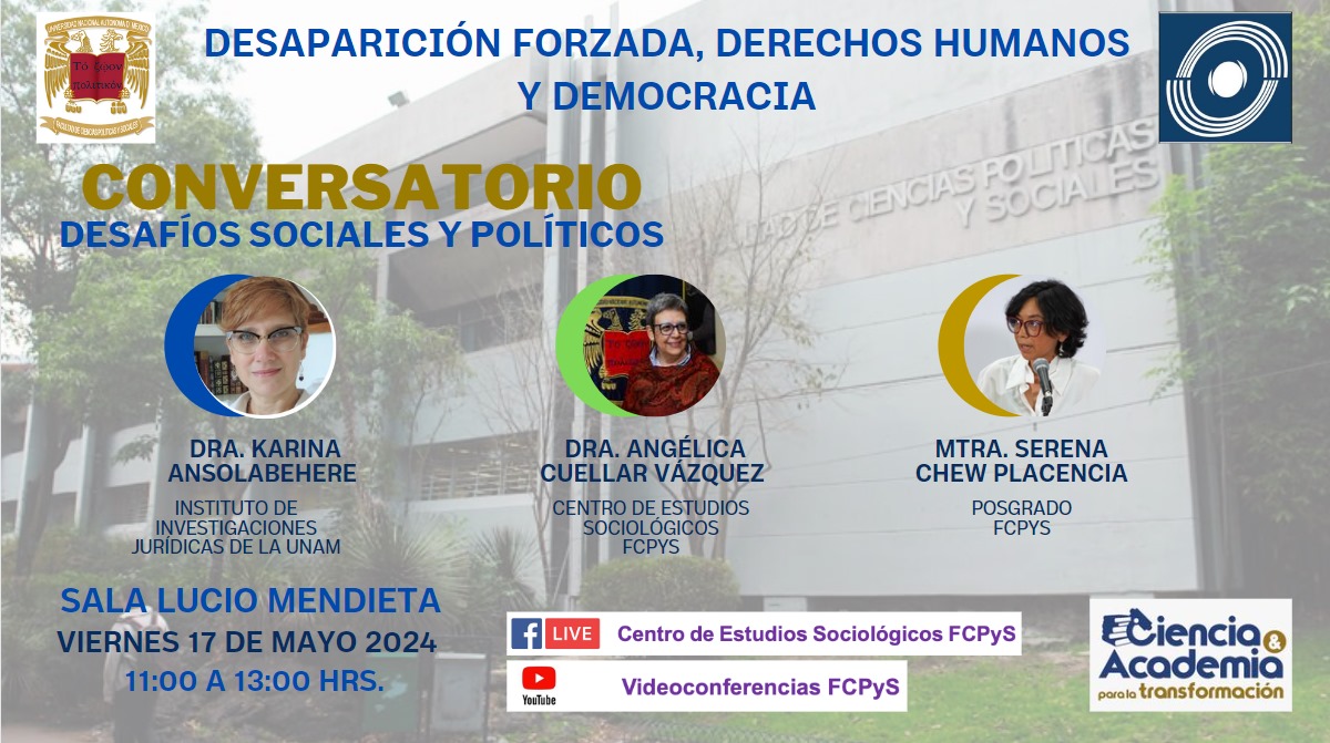 Conversatorio 'Desafios sociales y políticos' 🗓 17 de mayo de 2024 ⏰ 11:00 hrs. 📍 Sala Lucio Mendieta y Núñez 🎥 Transmisión por youtube.com/videoconferenc… @CES_FCPyS || #CES #FCPyS #UNAM