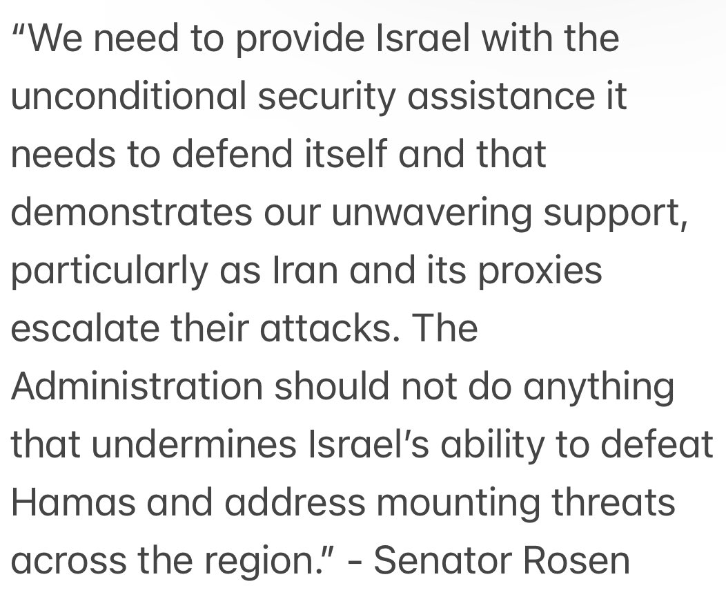 NEW: Sen. Jacky Rosen rejects Biden’s threat to Israel: “We need to provide Israel with unconditional security assistance… The Administration should not do anything that undermines Israel’s ability to defeat Hamas and address mounting threats across the region.”