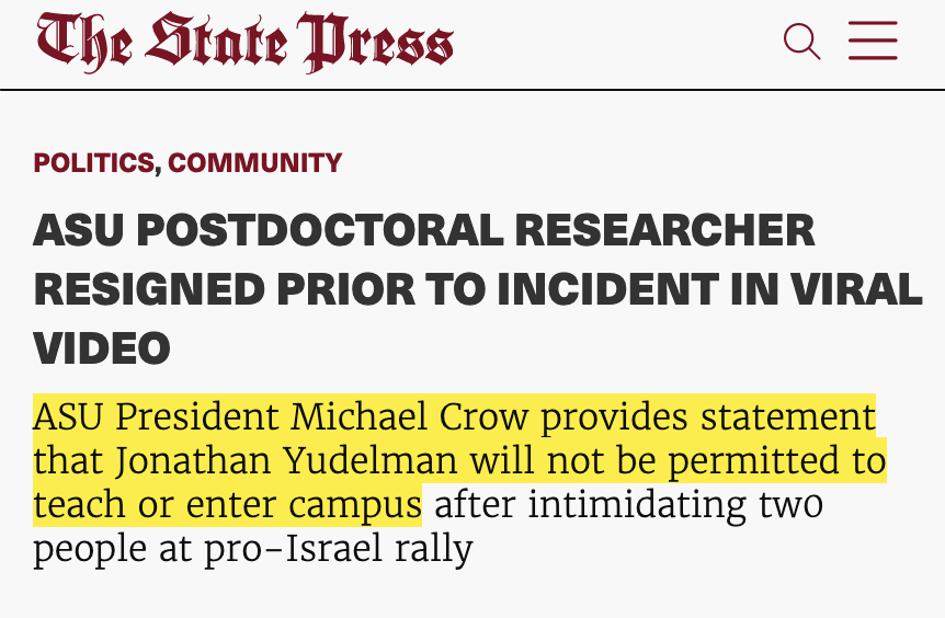 🚨 UPDATE: YEDULEMAN IS OUT. Per ASU President Michael Crow: “He is no longer permitted to be on campus and will never teach here again.” ASU had said on Monday that he was “on leave” pending an investigation. Source: statepress.com/article/2024/0… (@statepress)