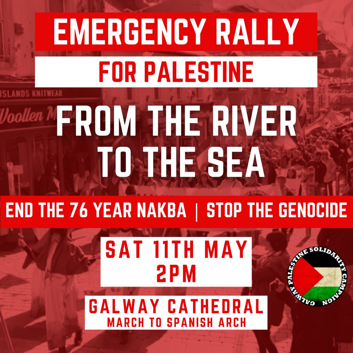 An 'emergency rally' for #Palestine takes place in #Galway city centre on Saturday (2pm). Starting at Galway Cathedral. #EndIsraeliApartheid #GazaGenocide