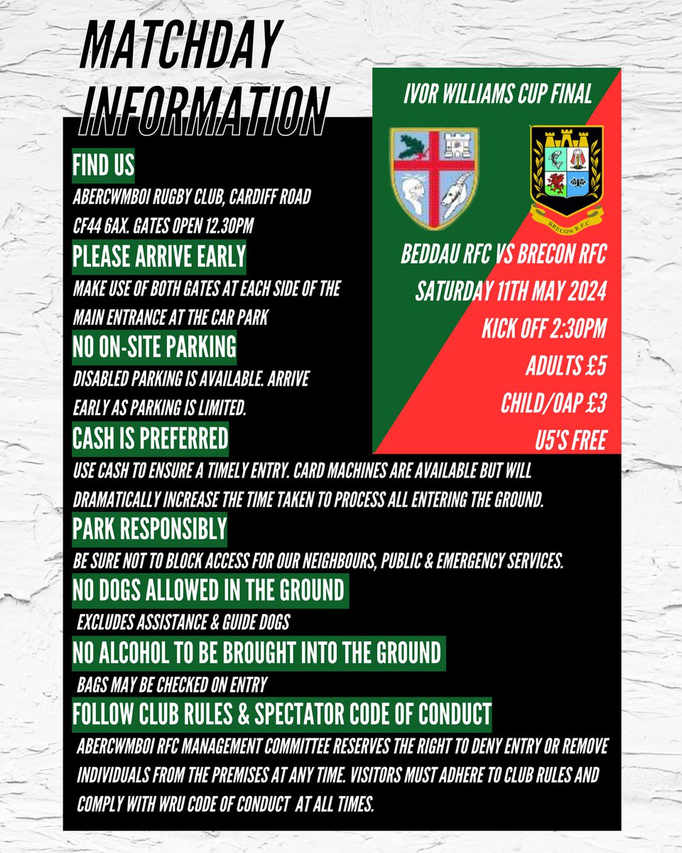𝙈𝘼𝙏𝘾𝙃𝘿𝘼𝙔 𝙄𝙉𝙁𝙊𝙍𝙈𝘼𝙏𝙄𝙊𝙉 Excited to welcome both sets of clubs & supporters this weekend for the Ivor Williams Cup Final! If attending, please read the info @BeddauRFC @BRECONRFC We hope you enjoy your day at Abercwmboi RFC and wish both teams the best of luck!
