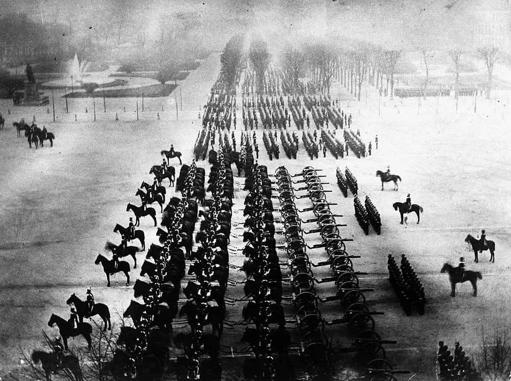 Prussian army parade in honor of the victory in the Franco-Prussian War, Paris, 1871. 

#FrancoPrussianWar #PrussianVictory #Paris1871 #MilitaryParade #HistoricalCelebration #WarHistory #PrussianArmy