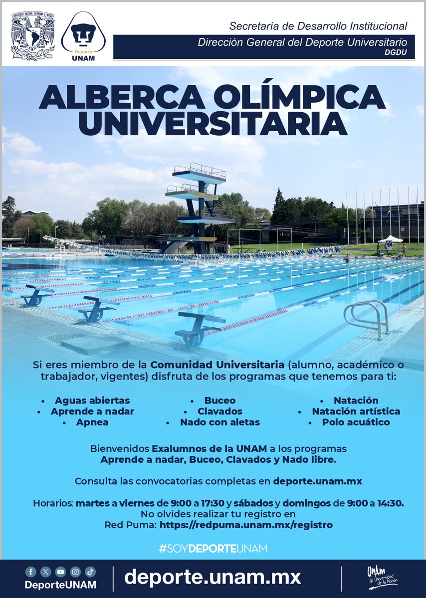 🤽‍♀️Alberca Olímpica Universitaria 🏊 🏊‍♀️Convocatoria abierta 🗣Más información: deporte.unam.mx 📝 Red Puma redpuma.unam.mx/registro || #Deporte #albercaolimpica #FCPyS #UNAM