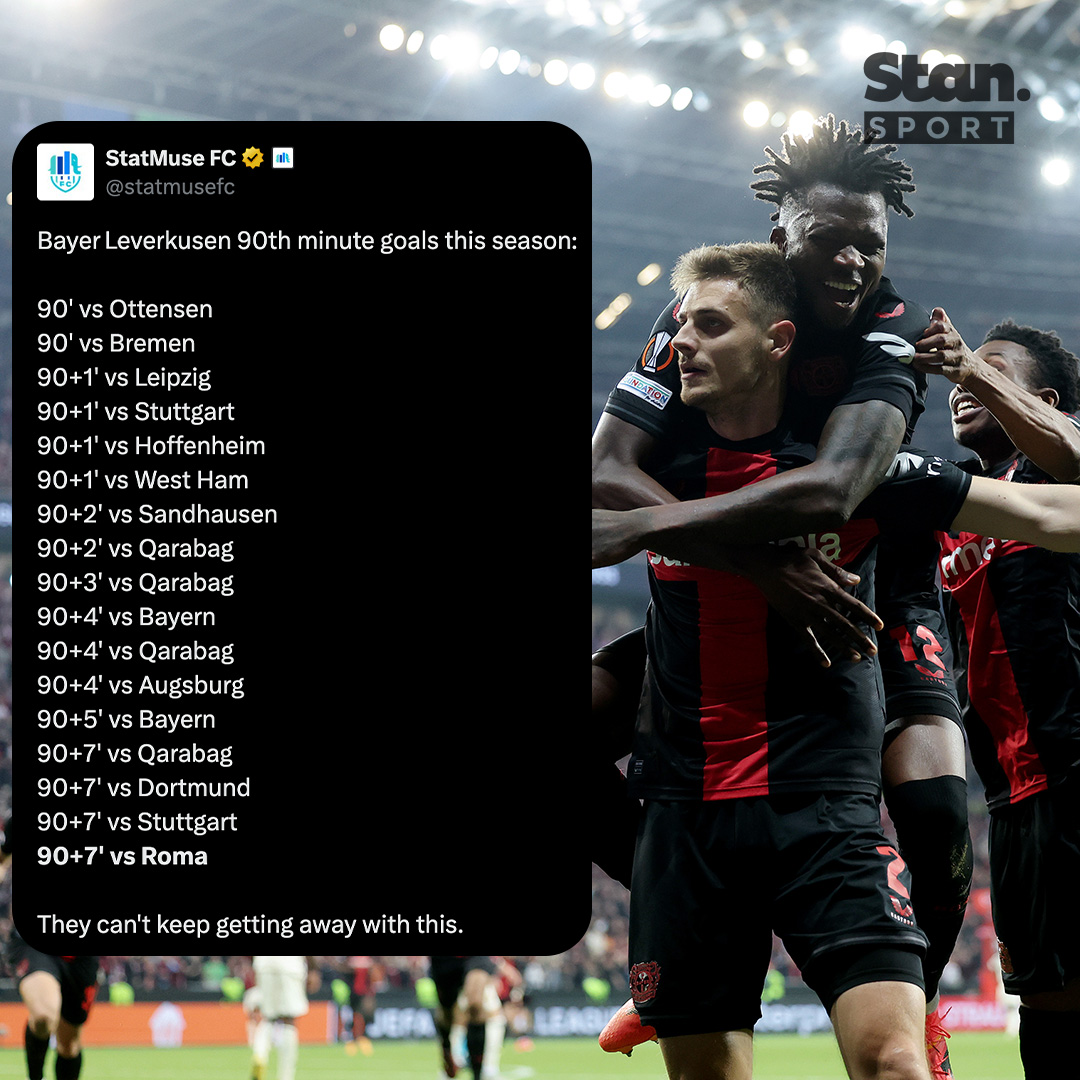 90th minute masters ✨ Can anybody stop Bayer Leverkusen?

↳ UEL Semi-Finals: Leverkusen v Roma. Every Match. 4K UHD. Exclusive & Ad-free. Live & On Demand, on Stan Sport.

#StanSportAU #UEL #LEVROM