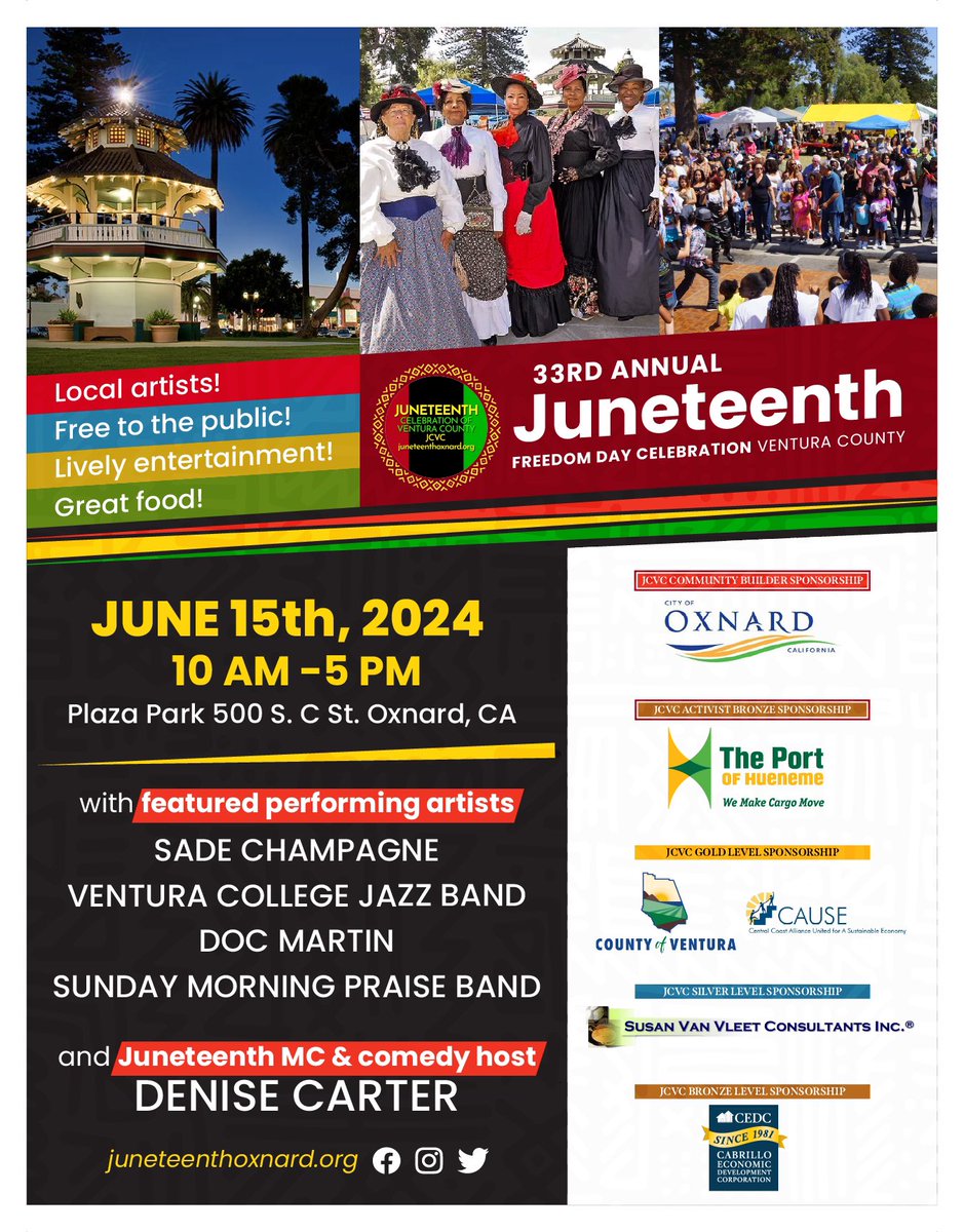 BAPAC_VC's tweet photo. The 33rd Annual Juneteenth Celebration is the original Ventura County Juneteenth Celebration! The event will be held on Saturday, June 15, 2024, at the downtown Plaza Park, Oxnard, CA from 10 AM to 5 PM.   
#juneteenth  #juneteenthoxnard #venturacounty https://t.co/bKtJuydNfn